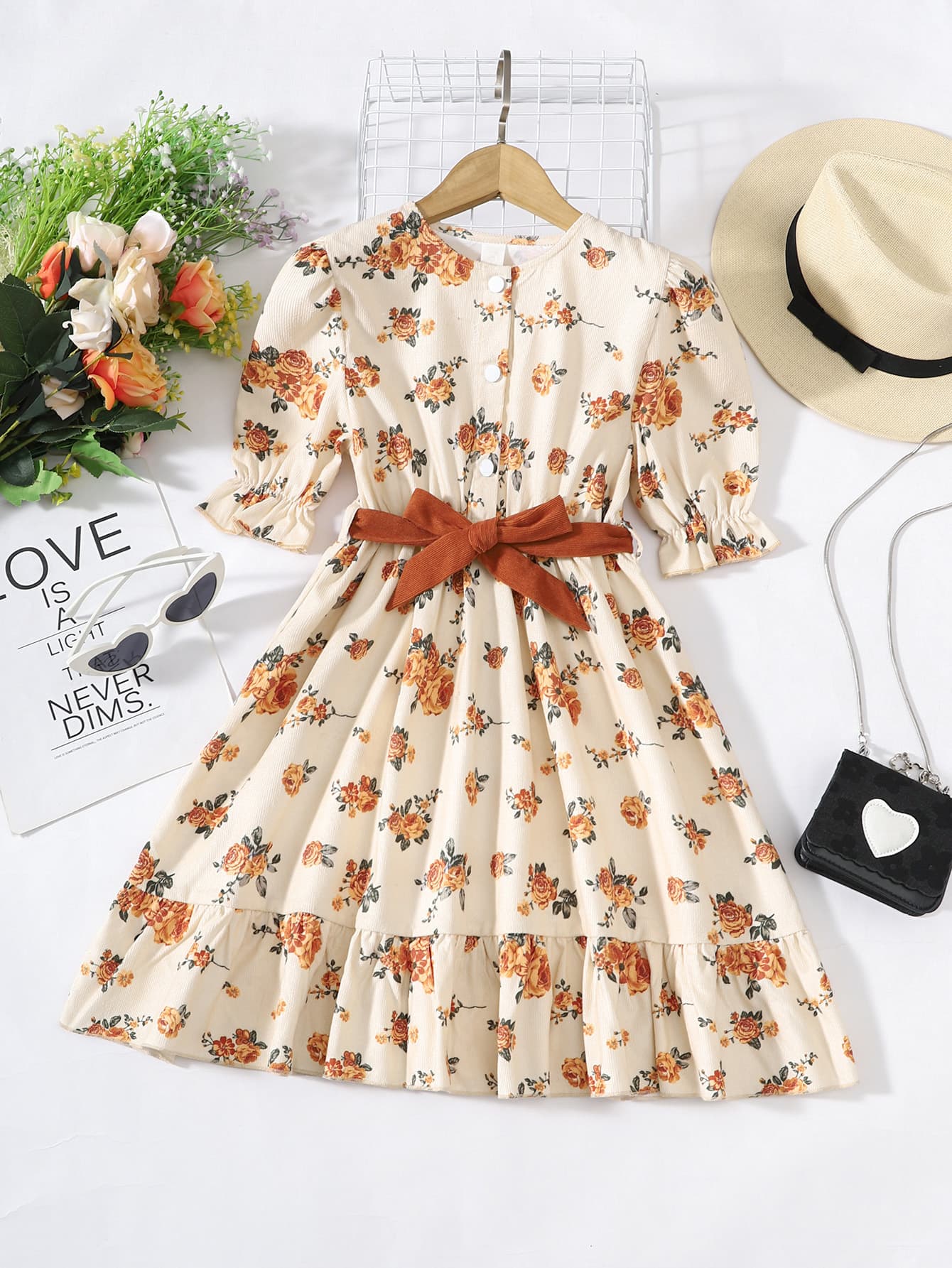 Girls Floral Tied Puff Sleeve Dress - Minihomy