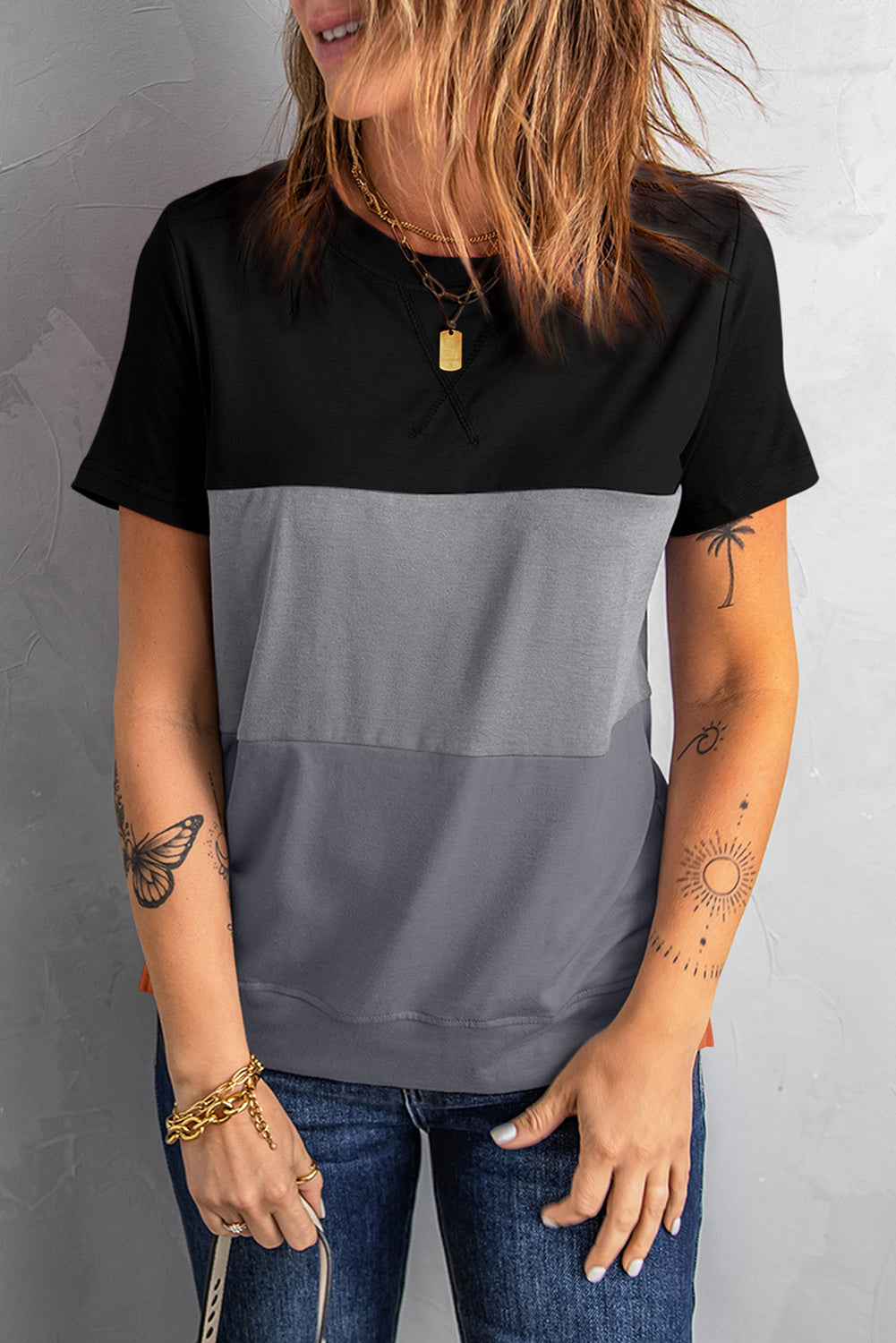 Color Block Side Slit Round Neck T-Shirt - Minihomy