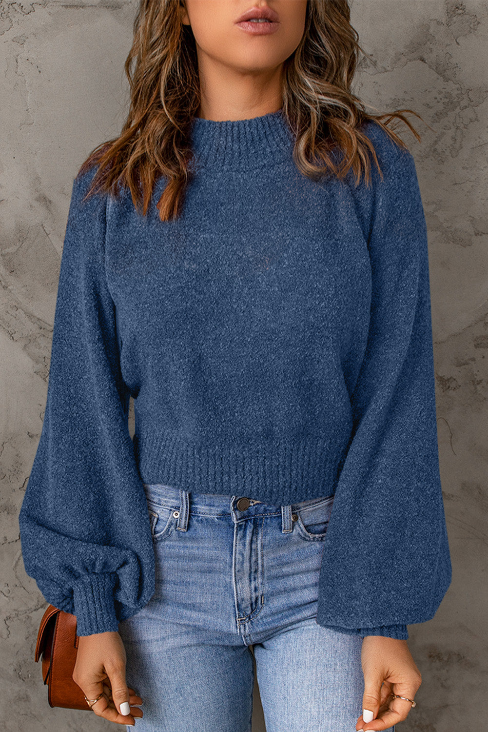 Ribbed Trim Balloon Sleeve Sweater - Minihomy