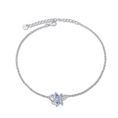 Sterling Silver Anklet with Elegant Crystal Blue Dragonfly