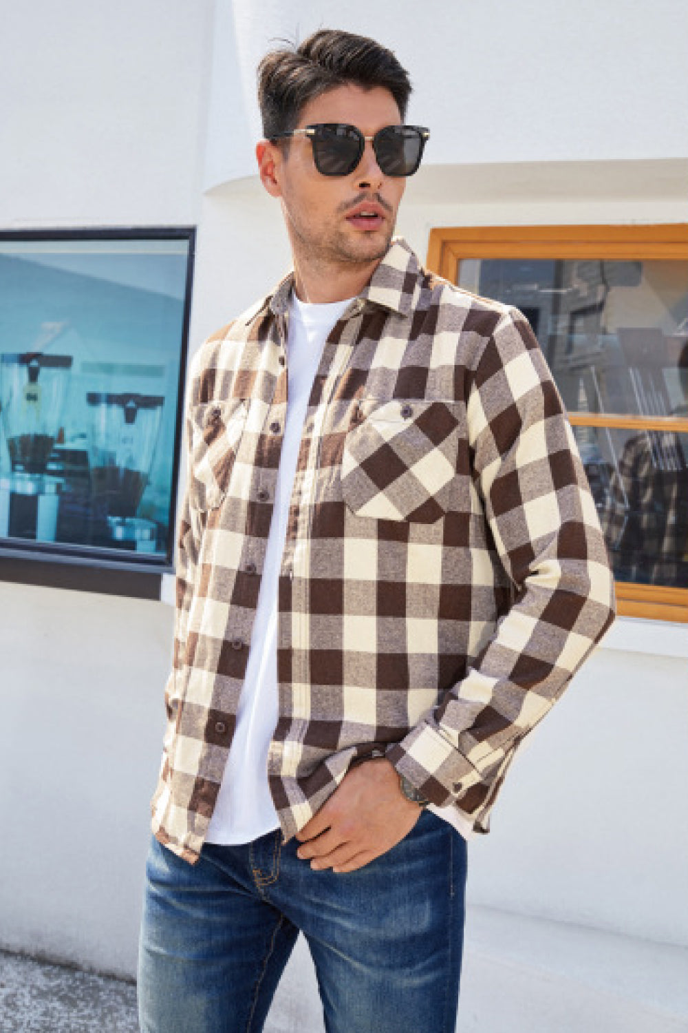 Plaid Buttoned Long-Sleeve Shirt with Breast Pockets - Minihomy