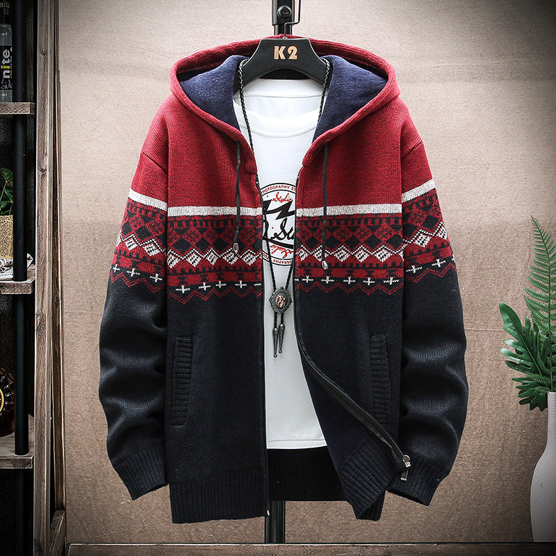 Hooded Cardigan Knitted Thick Plus Fleece Sweater Men