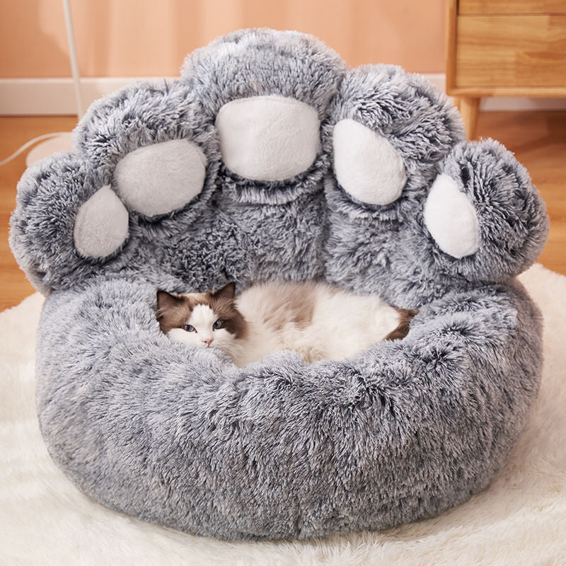 Cozy Bear Paw Pet Bed - Long Plush Round Cat and Dog Mat for Deep, Warm Sleep
