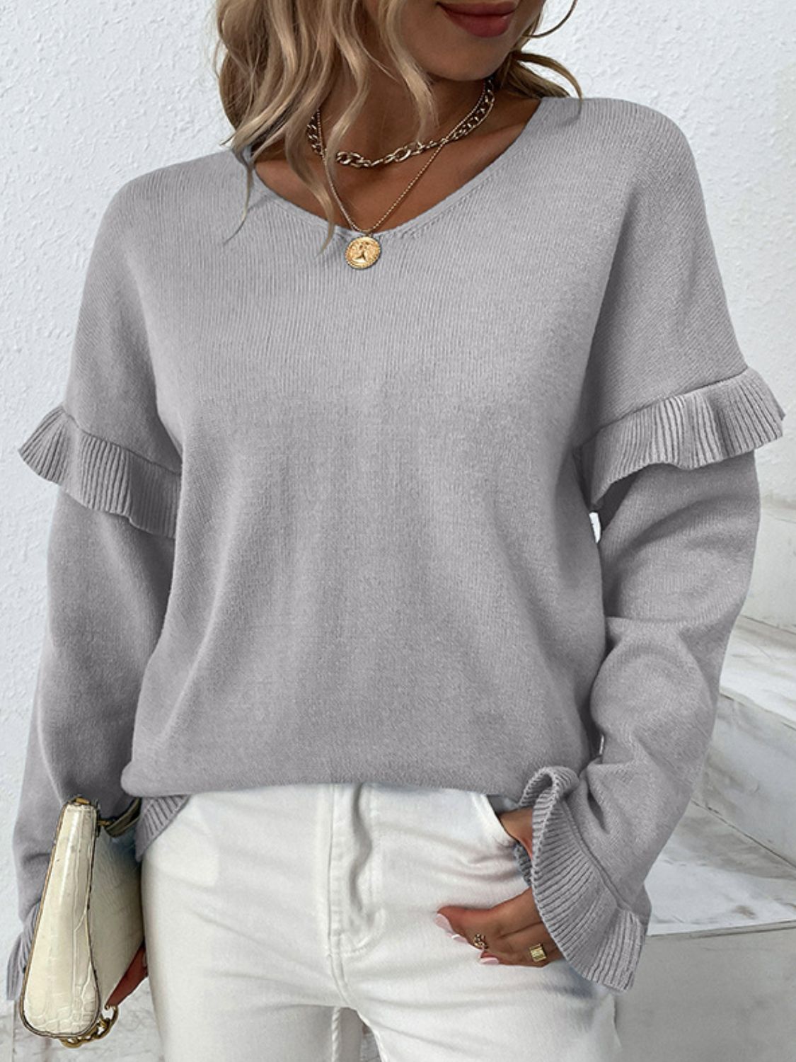 Layered Flounce Sleeve V-Neck Sweater