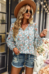 Floral Tie Neck Lantern Sleeve Blouse