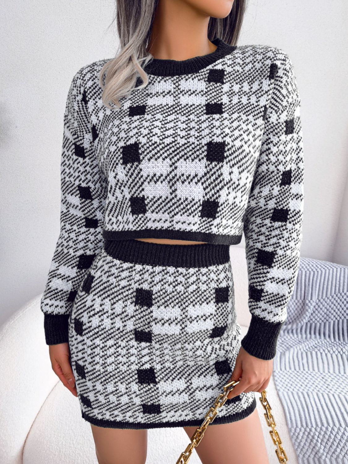 Plaid Cropped Sweater and Knit Skirt Set