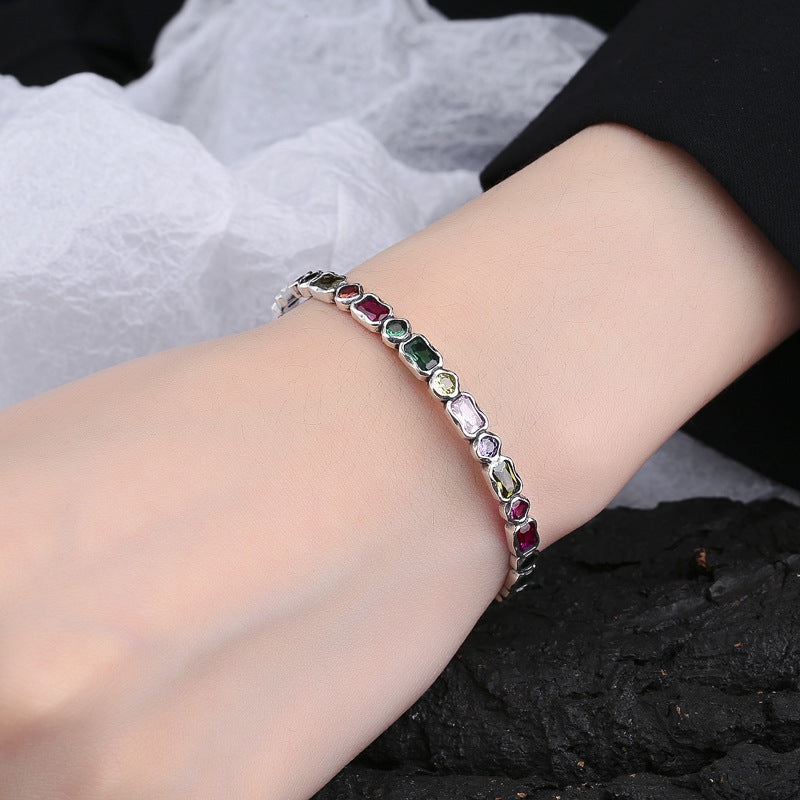 Vintage Style Geometric Diamond Inlaid Rainbow Zircon Sterling Silver Heavy Industry Irregular Bracelet