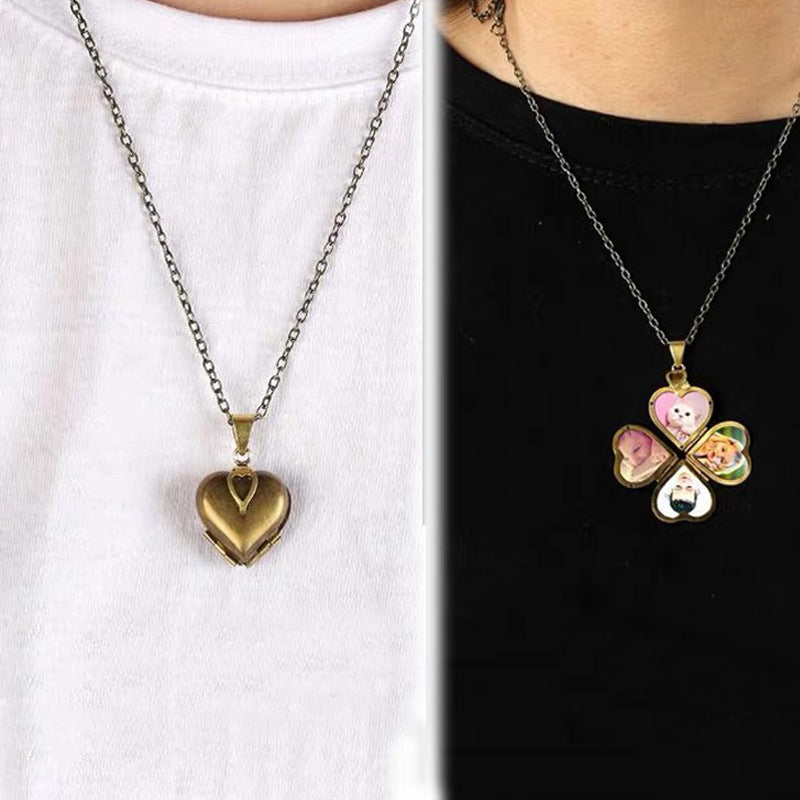 Retro Pure Copper Four-open Three-dimensional Heart-like Four-leaf Clover Pendant Bow Necklace