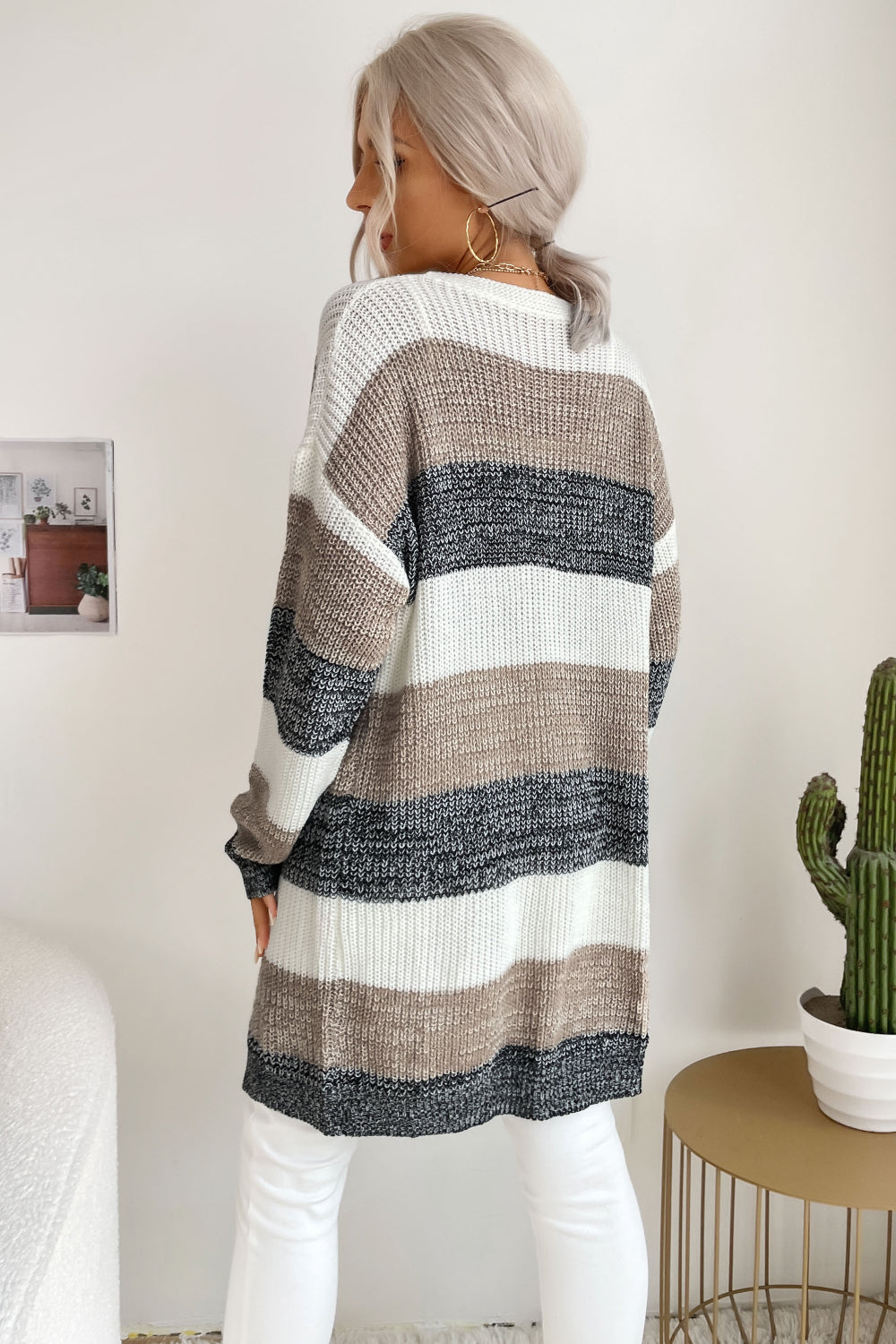 Striped Long Sleeve Duster Cardigan - Minihomy