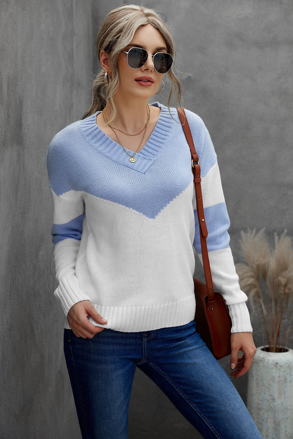 Chevron Color Block V-Neck Dropped Shoulder Sweater