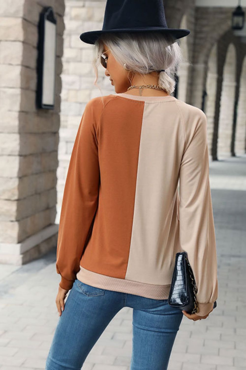 Two-Tone Round Neck Raglan Sleeve Sweatshirt - Minihomy