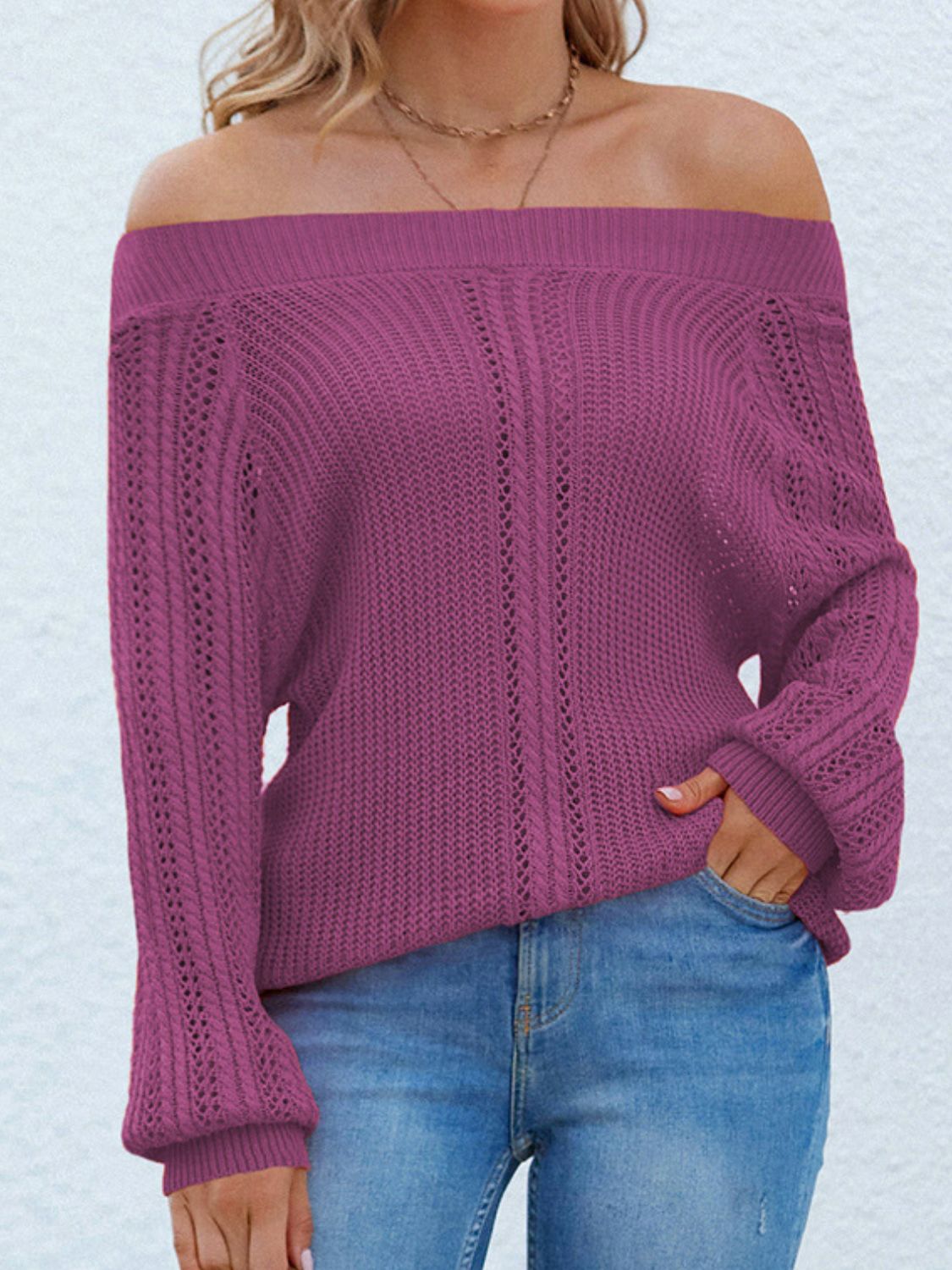 Mixed Knit Off-Shoulder Tunic Sweater