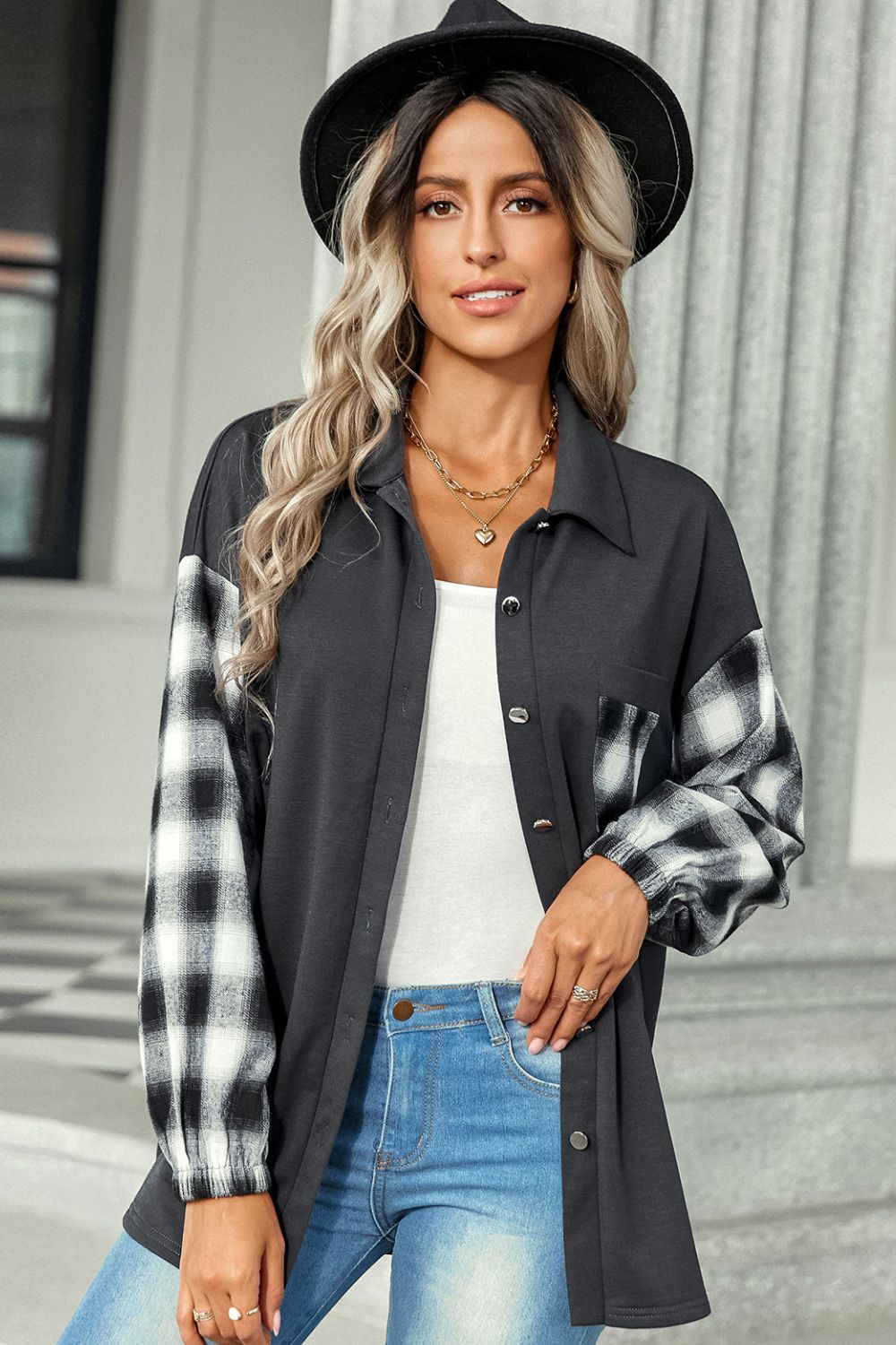 Plaid Dropped Shoulder Shirt with Breast Pocket - Minihomy