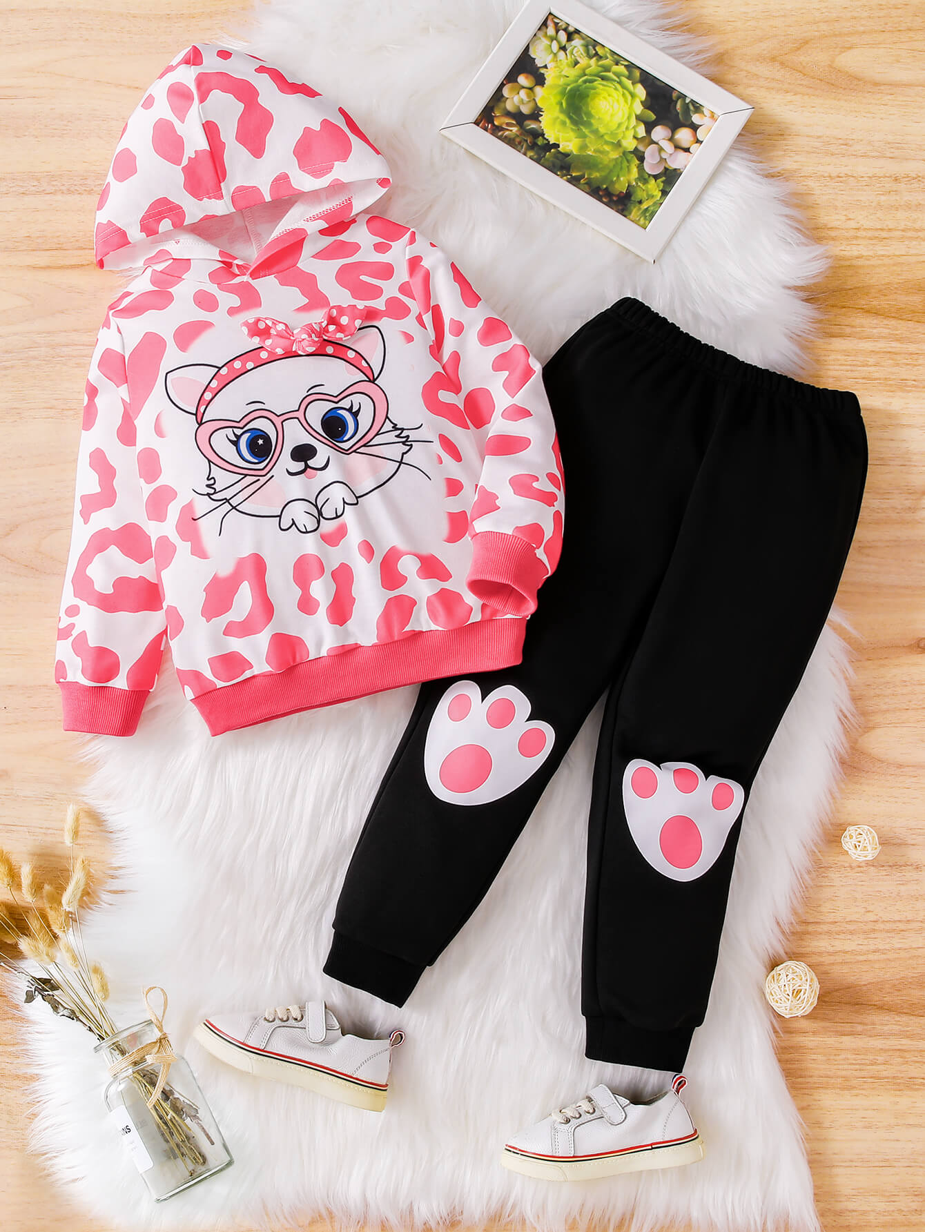 Girls Animal Print Graphic Hoodie and Joggers Set - Minihomy