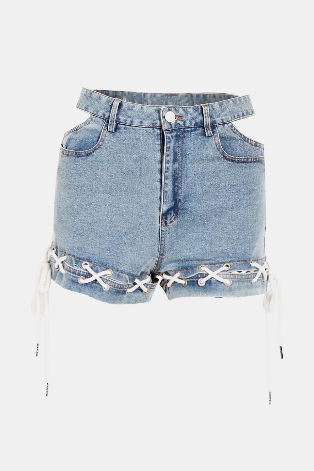 Lace-Up Cutout Denim Shorts - Minihomy