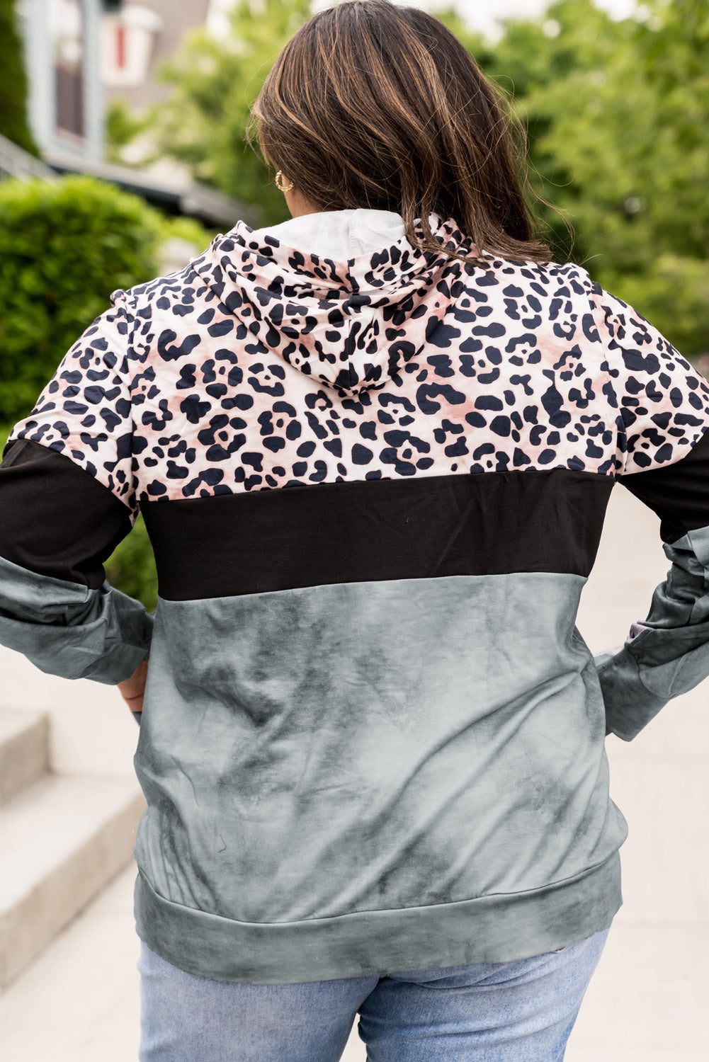 Plus Size Leopard Print Color Block Hoodie with Kangaroo Pocket - Minihomy