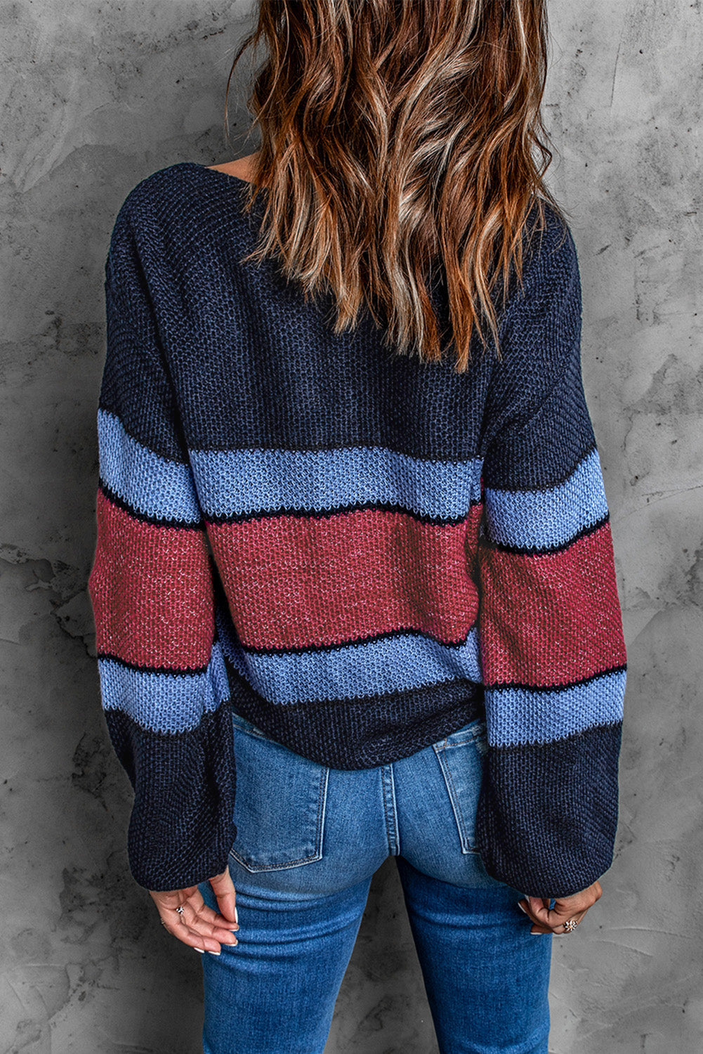 Color Block Boat Neck Dropped Shoulder Sweater - Minihomy