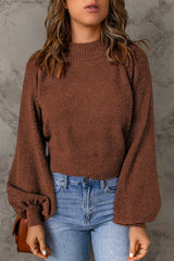 Ribbed Trim Balloon Sleeve Sweater - Minihomy