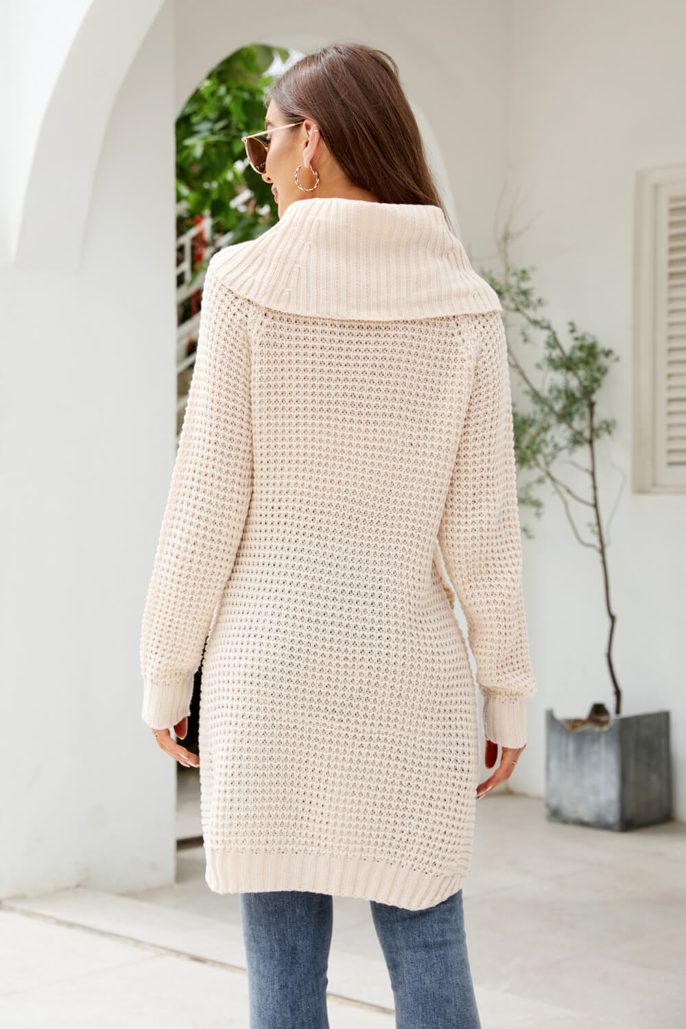 Waffle-Knit Raglan Sleeve Slit Sweater Dress