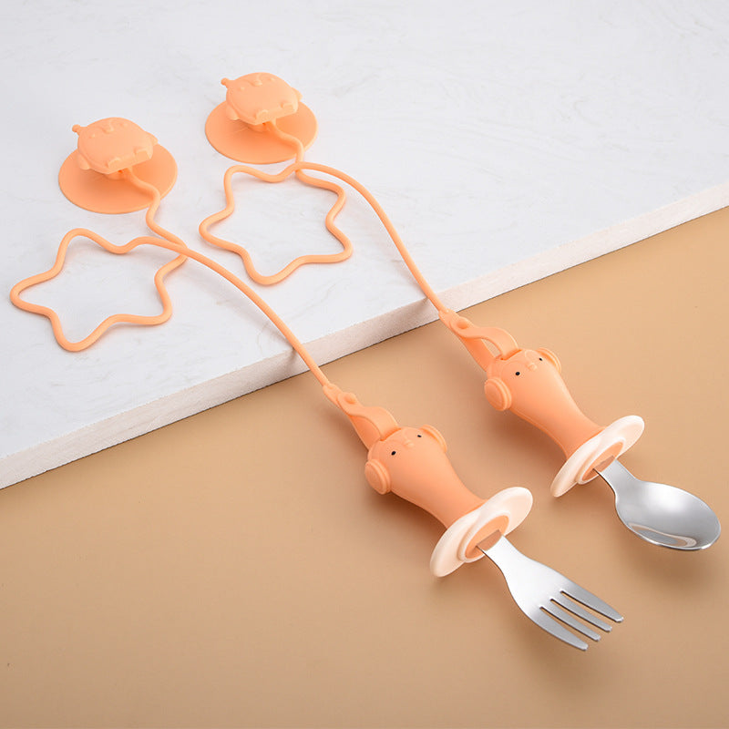 Infant Stainless Steel Training Spoon Fork Silicone Anti-drop for Children's