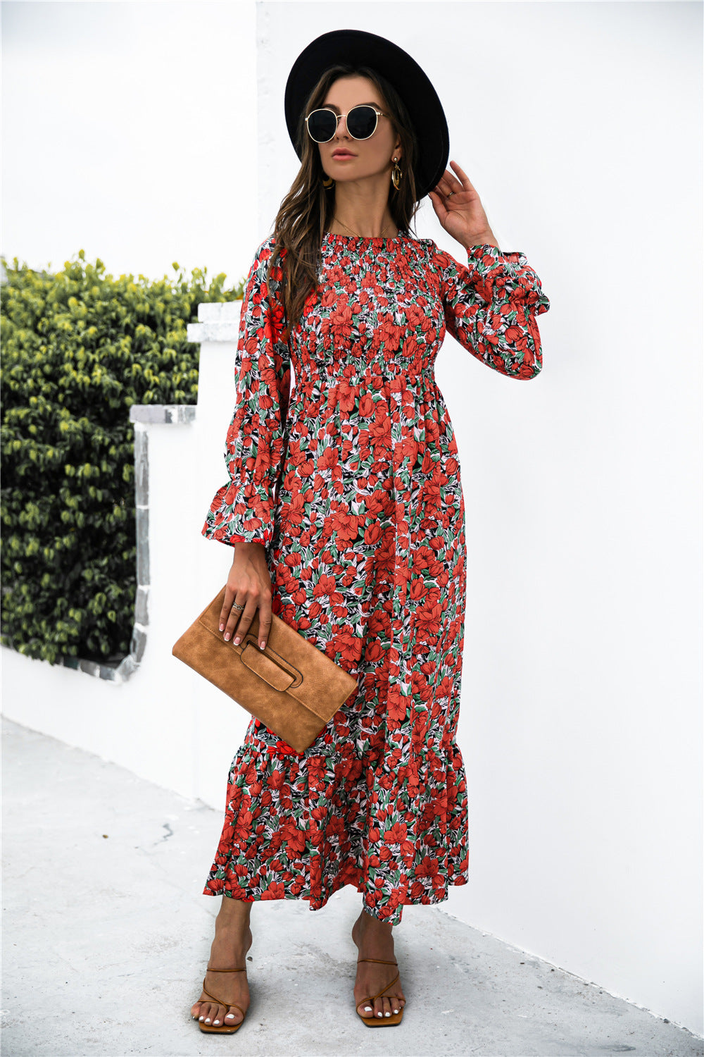 Printed Puff Sleeve Ruffle Maxi Dress - Minihomy