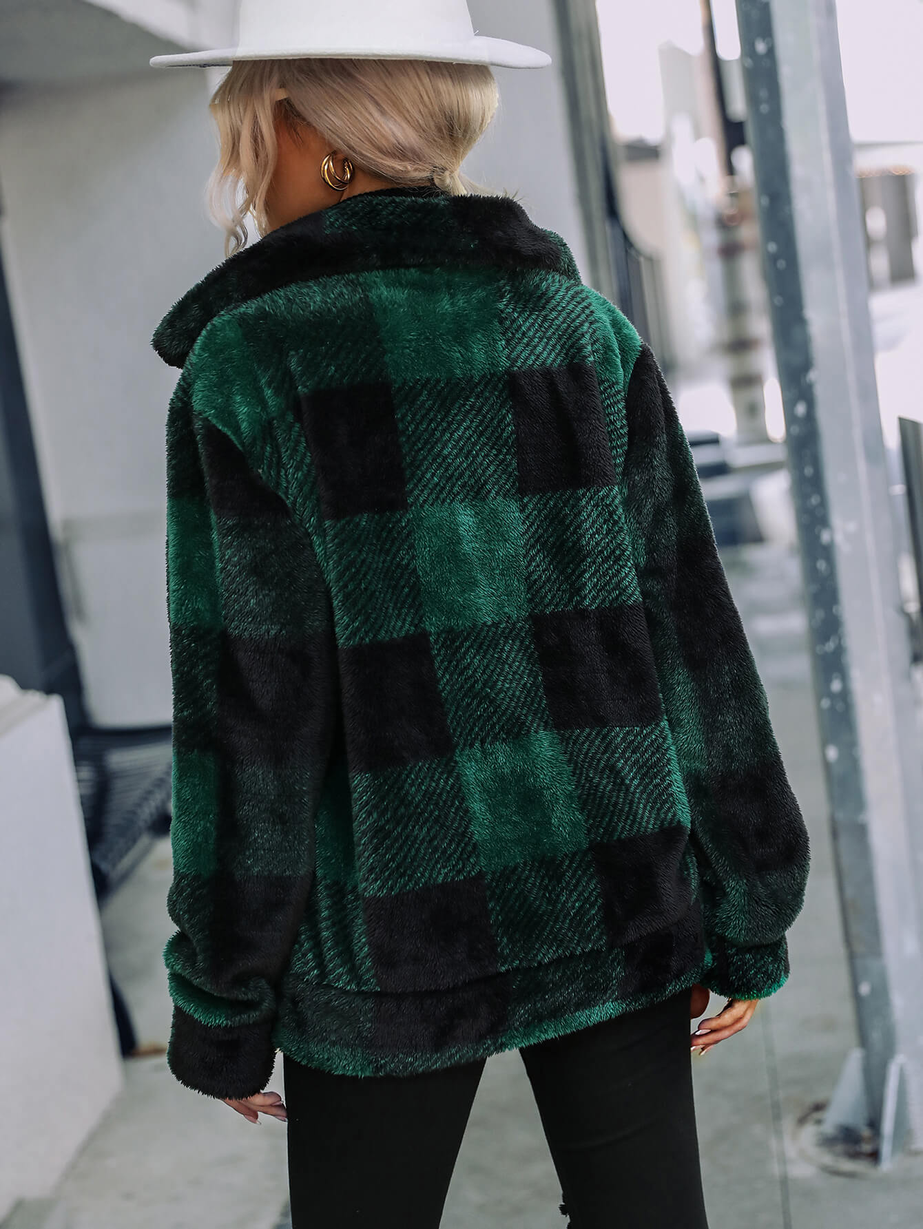 Plaid Zip Up Collared Plush Jacket