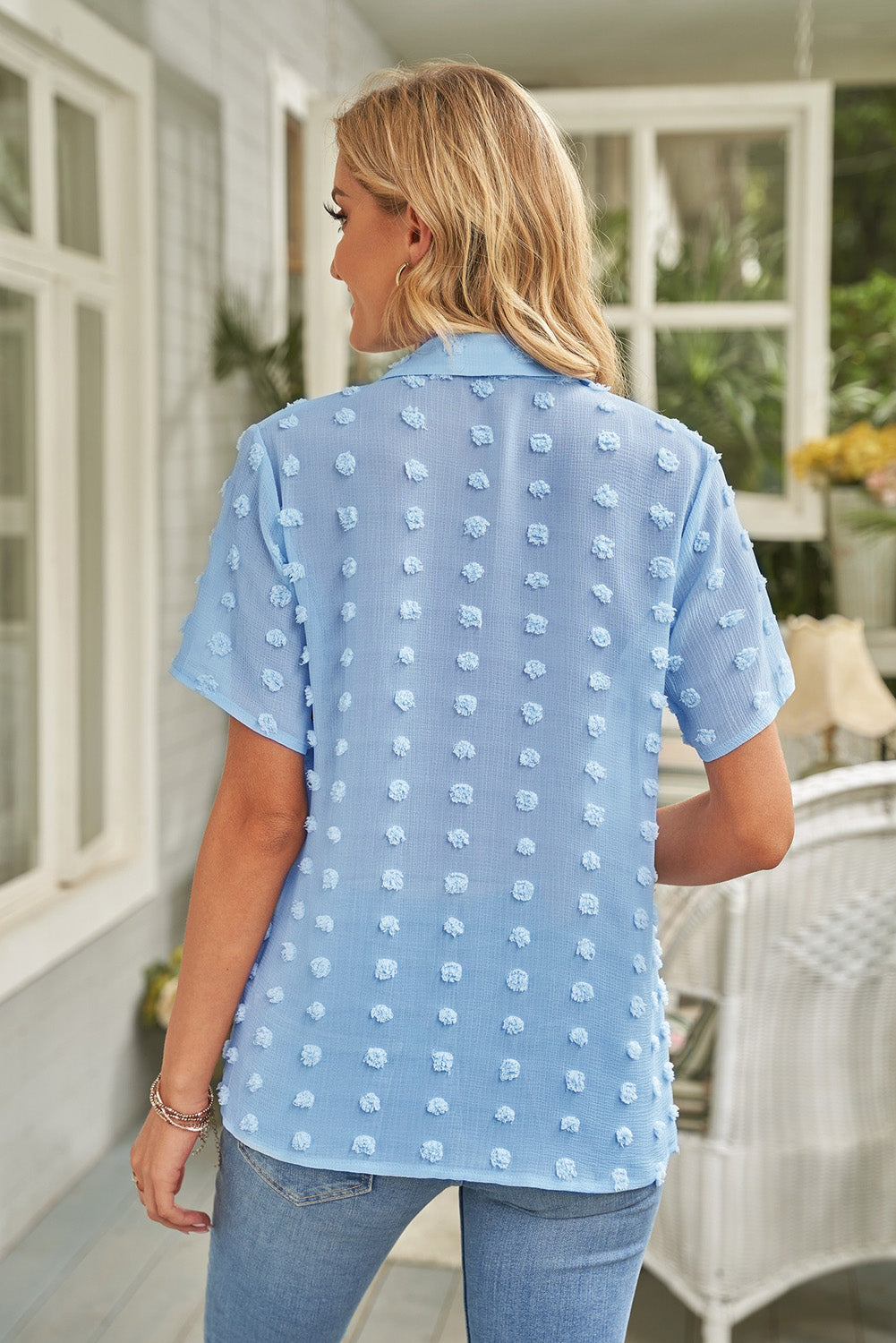 Swiss Dot Collar Short Sleeve Shirt - Minihomy