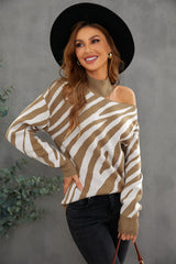 Zebra Print Mock Neck Cold Shoulder Sweater