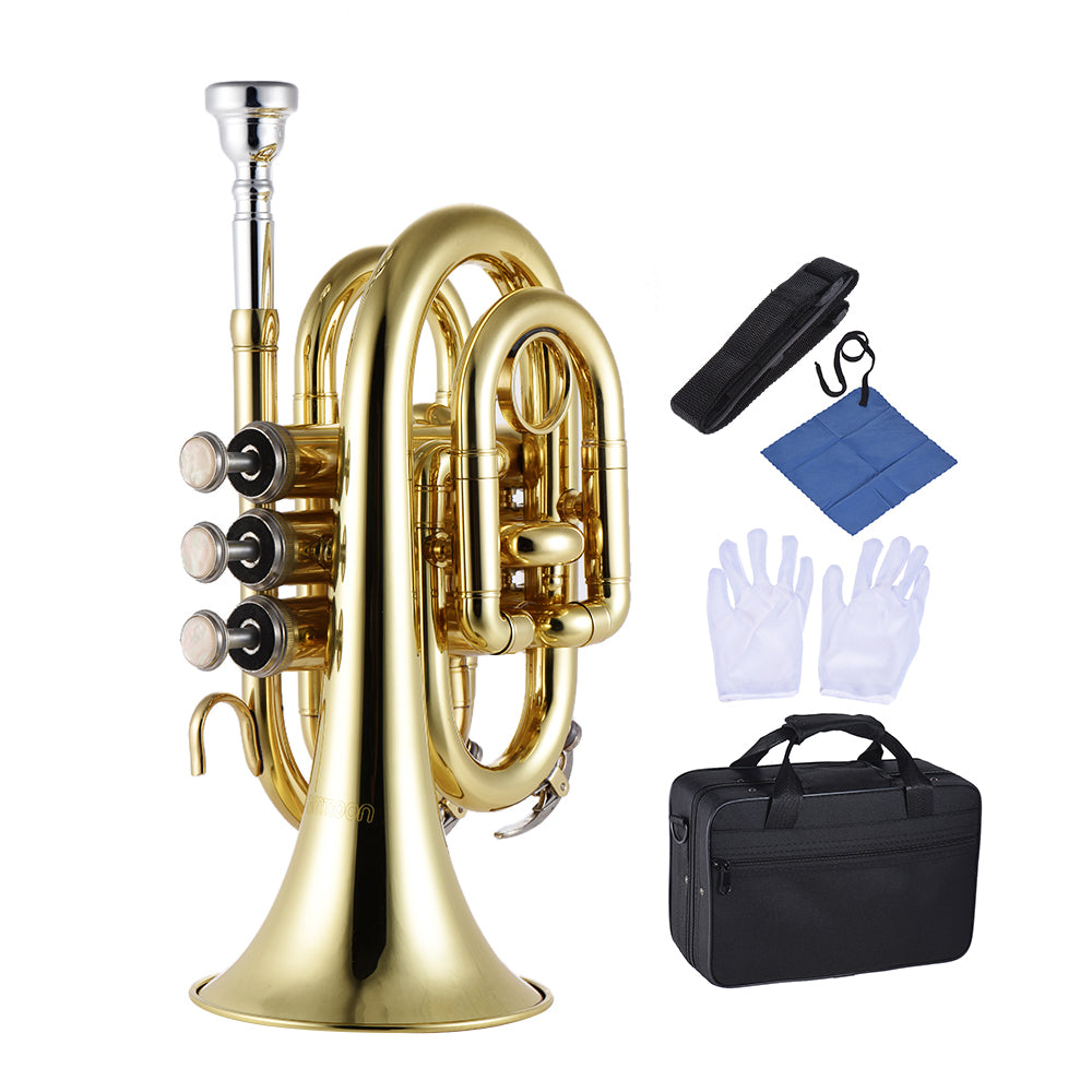 ammoon Professional Pocket Trumpet Tone Flat B Bb Brass Wind Instrument with Mouthpiece Gloves Cloth Brush Grease Hard Case - Minihomy