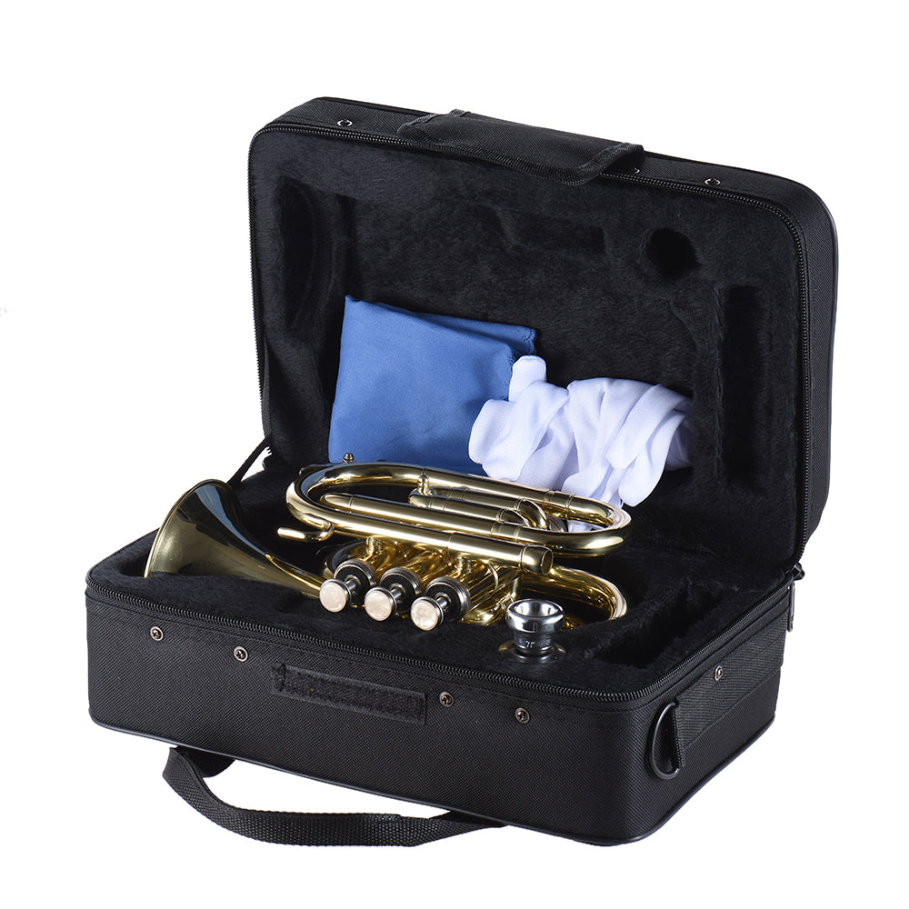 ammoon Professional Pocket Trumpet Tone Flat B Bb Brass Wind Instrument with Mouthpiece Gloves Cloth Brush Grease Hard Case - Minihomy