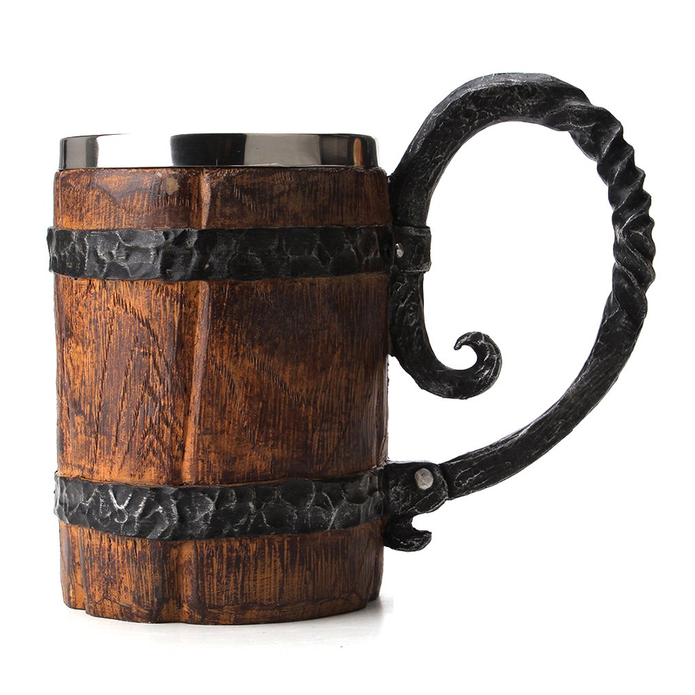 Original Viking Drinking Mug Sealed Simulation Log Double Stainless Steel Mug Gift Home Cup Wood Color