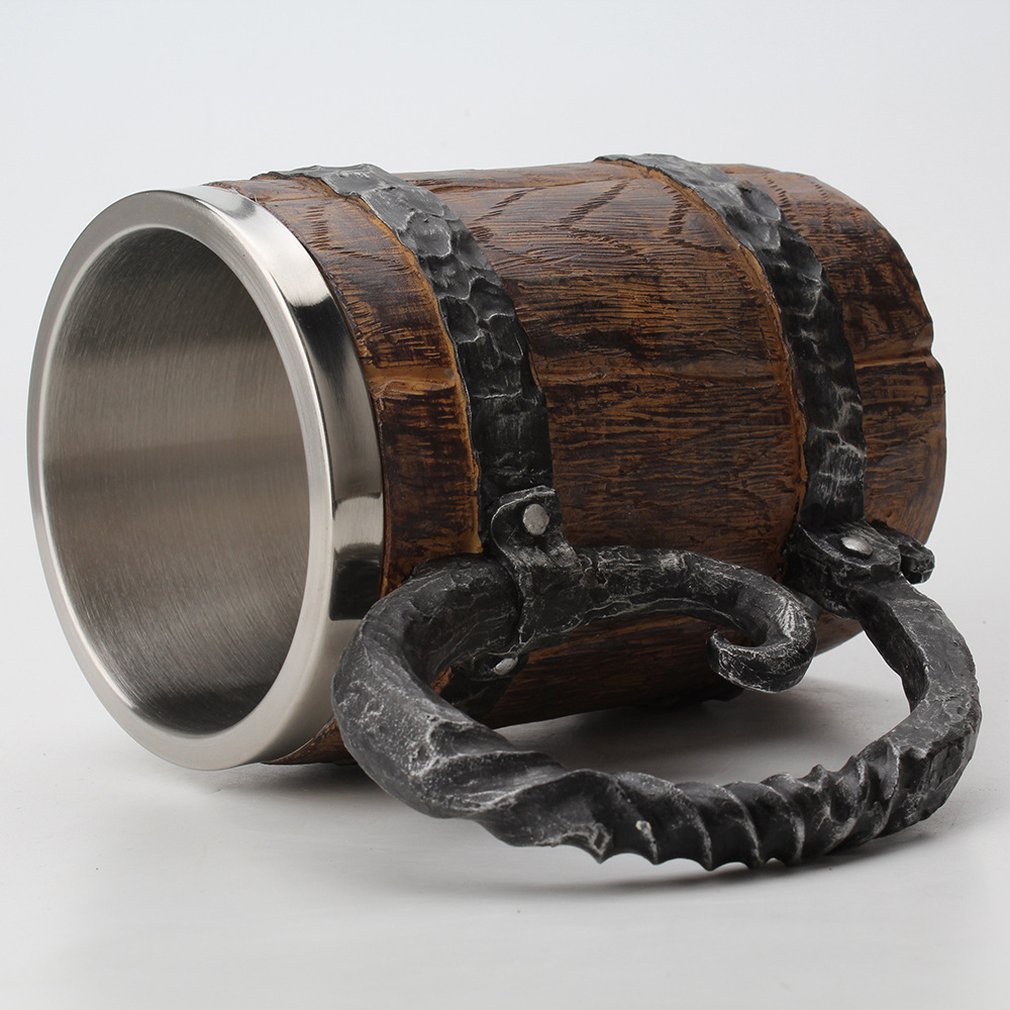 Original Viking Drinking Mug Sealed Simulation Log Double Stainless Steel Mug Gift Home Cup Wood Color