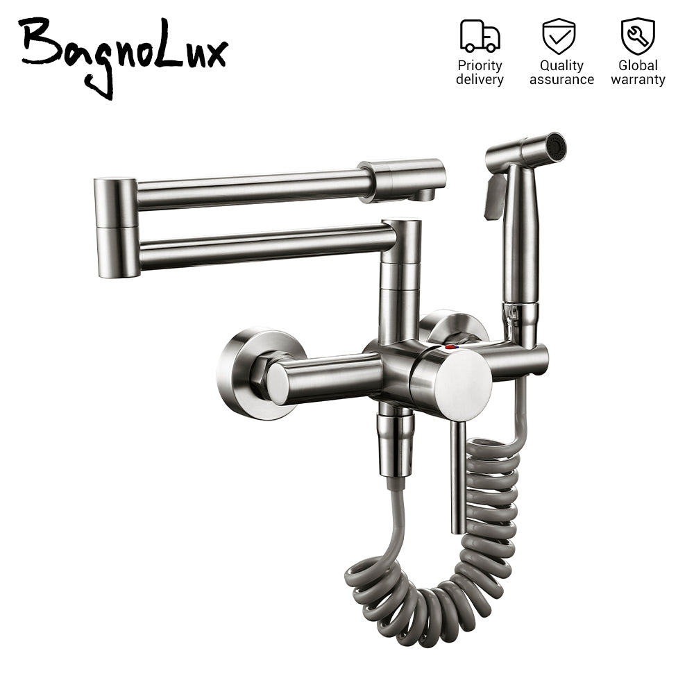 Kitchen Mixer Tap With Sprayer Hot And Cold Stream Wall Mount Pot Filler Faucet Pull Out Two Hole Wholesale Black Hot Sale