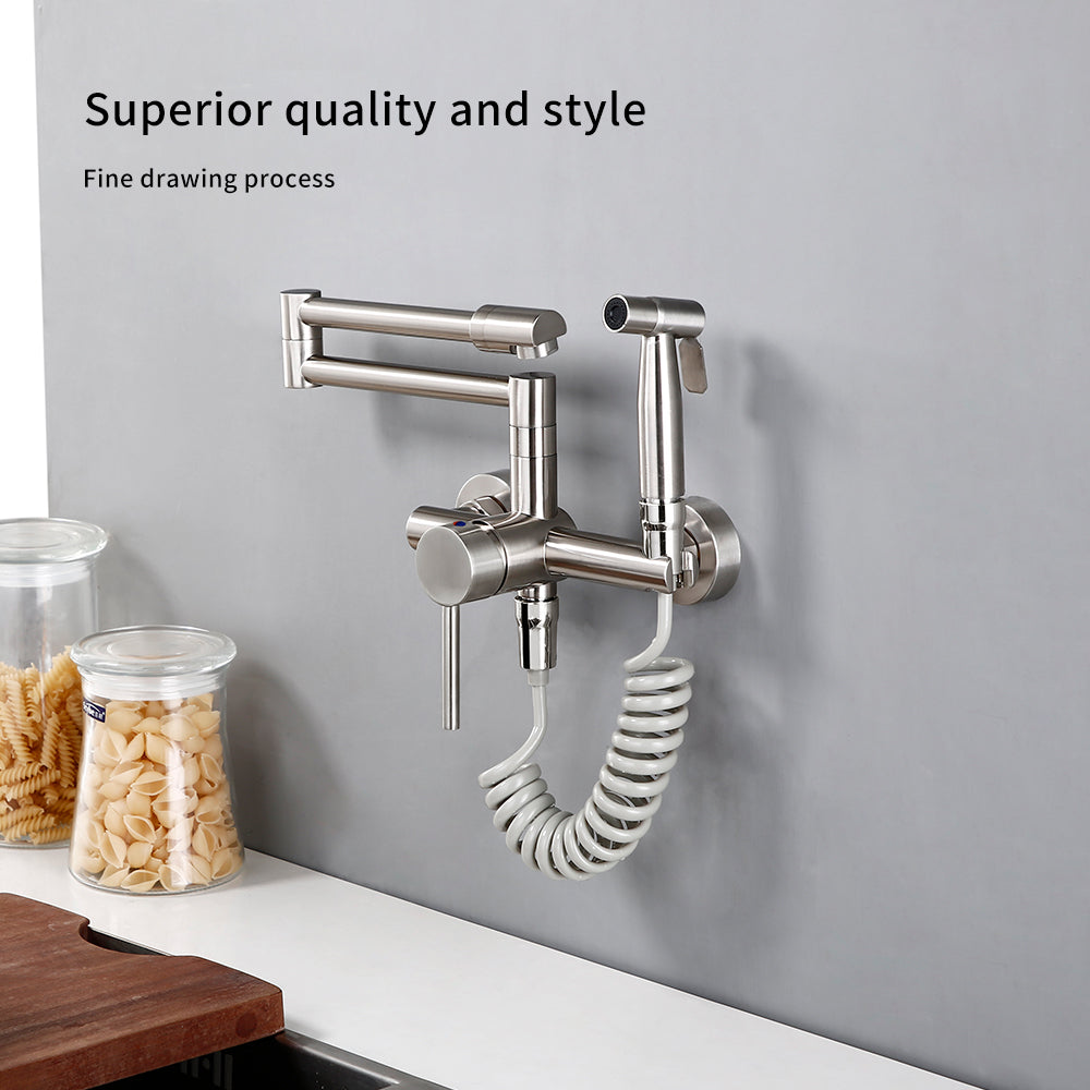 Kitchen Mixer Tap With Sprayer Hot And Cold Stream Wall Mount Pot Filler Faucet Pull Out Two Hole Wholesale Black Hot Sale