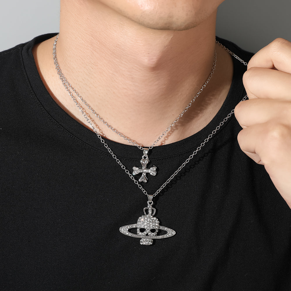 Skull Cross Saturn Silver Color Metal Necklace Retro Punk Women and Men