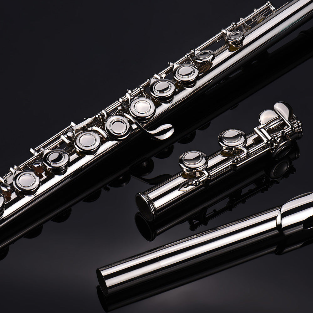 Muslady  Western Concert Flute Nickel Plated 16 Holes C Key Cupronickel Woodwind Instrument  Mini Screwdriver Padded Bag